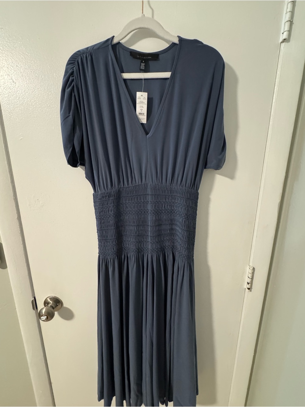 White House Black Market Dusty Blue V-Neck Smocked Midi Dress